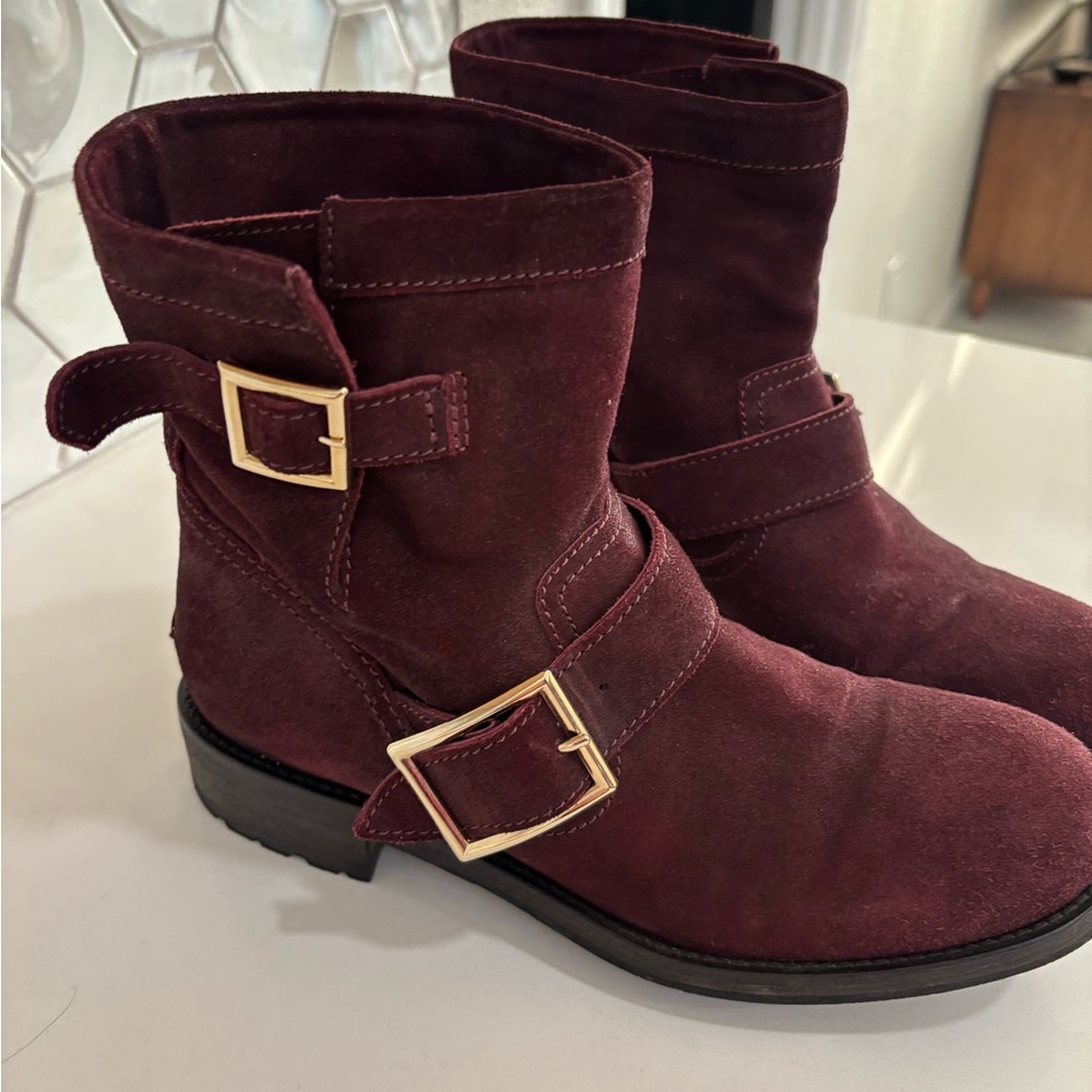 Women's Jimmy Choo Double-Buckle Detail Ankle Boots in Burgundy Suede